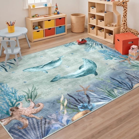 Washable Area Rug for Living Room, 5'x7' Coastal Modern Non-Slip indoor Rug, Soft Low Pile & Stain Resistant Carpet for Bedroom, Dining Room, Kitchen, Entryway, Nursery