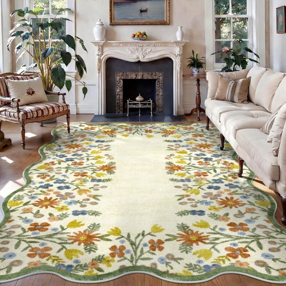 Washable Area Rug for Living Room, 5'x7' Floral Non-Slip indoor Rug, Soft Low Pile & Stain Resistant Boho Accent Carpet for Bedroom, Dining Room, Kitchen, Entryway, Nursery