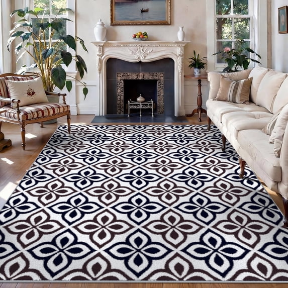 Washable Area Rug for Living Room, 5'x7' Moroccan Tile Geometric Non-Slip indoor Rug, Soft Low Pile & Stain Resistant Carpet for Bedroom, Dining Room, Kitchen, Entryway, Nursery