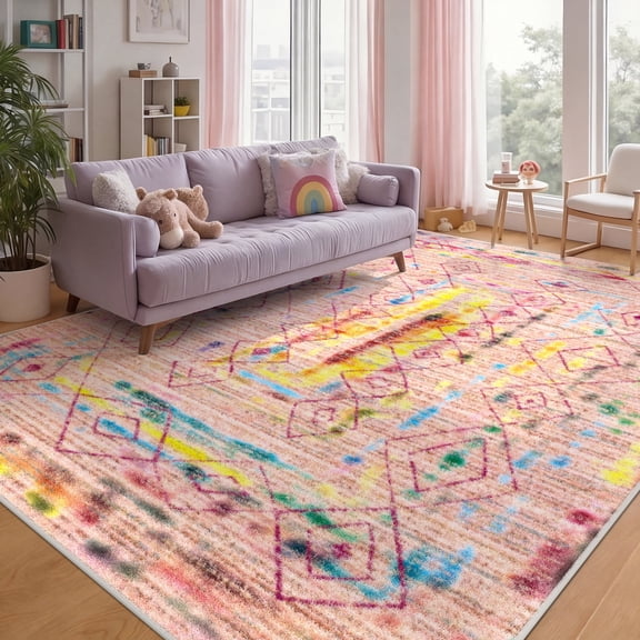 Washable Area Rug for Living Room, 6'x9' Bohemian Aztec Non-Slip indoor Rug, Soft Low Pile & Stain Resistant Polyester Geometric Carpet for Bedroom, Dinning Room, Kids Playroom, Girls' Bedroom