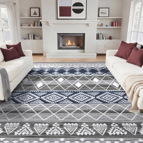 Washable Area Rug for Living Room, 8'x10' Bohemian Aztec Non-Slip indoor Rug, Soft Low Pile & Stain Resistant Polyester Geometric Carpet for Bedroom, Dinning Room