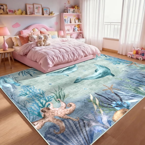 Washable Area Rug for Living Room, 8'x10' Coastal Modern Non-Slip indoor Rug, Soft Low Pile & Stain Resistant Carpet for Bedroom, Dining Room, Home office