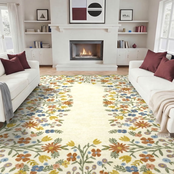 Washable Area Rug for Living Room, 8'x10' Floral Non-Slip indoor Rug, Soft Low Pile & Stain Resistant Boho Accent Carpet for Bedroom, Dining Room, Home office