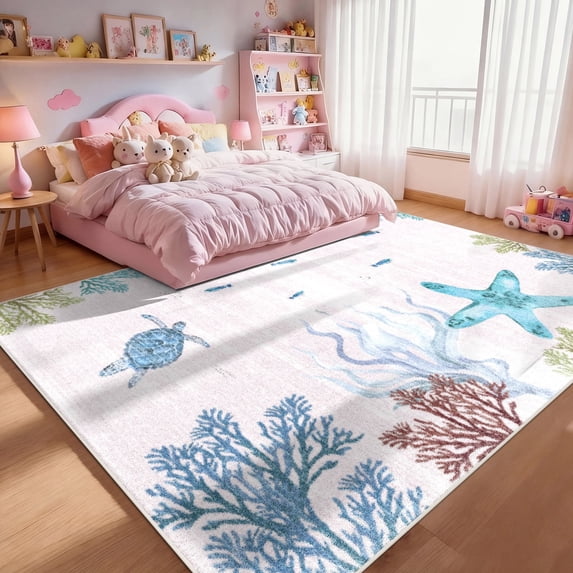 Washable Area Rug for Living Room, 8'x10' Nautical Beach Pattern Non-Slip indoor Rug, Soft Low Pile & Stain Resistant Carpet for Bedroom, Dining Room, Home office