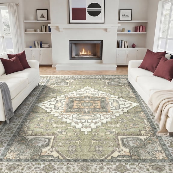 Washable Area Rug for Living Room, 8'x10' Vintage Boho Non-Slip indoor Rug, Soft Low Pile & Stain Resistant Carpet for Bedroom, Dining Room, Home office