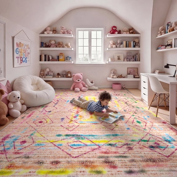 Washable Area Rug for Living Room, 9'x12' Bohemian Aztec Non-Slip indoor Rug, Soft Low Pile & Stain Resistant Polyester Geometric Carpet for Bedroom, Dinning Room, Kids Playroom, Girls' Bedroom