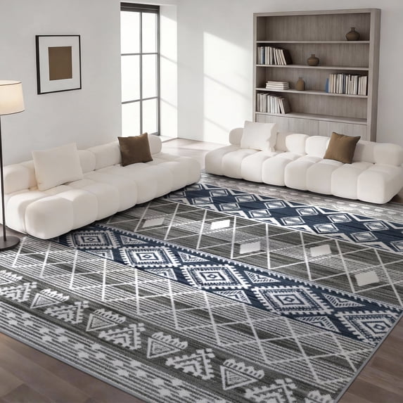 Washable Area Rug for Living Room, 9'x12' Bohemian Aztec Non-Slip indoor Rug, Soft Low Pile & Stain Resistant Polyester Geometric Carpet for Bedroom, Dinning Room
