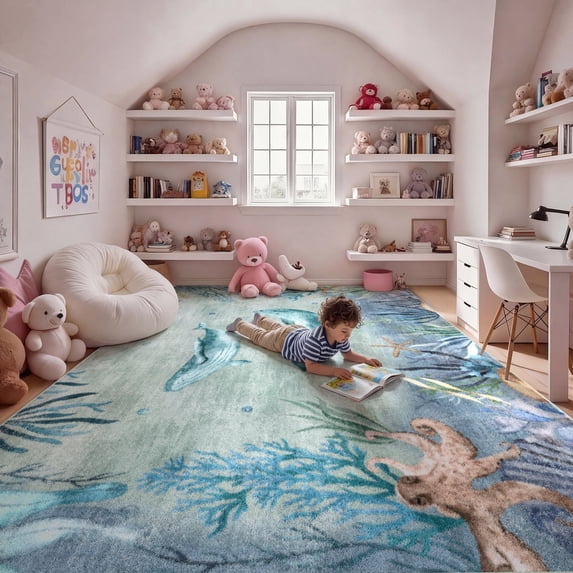 Washable Area Rug for Living Room, 9'x12' Coastal Modern Non-Slip indoor Rug, Soft Low Pile & Stain Resistant Carpet for Bedroom, Dining Room, Home office