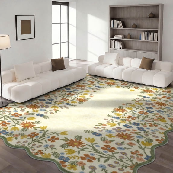 Washable Area Rug for Living Room, 9'x12' Floral Non-Slip indoor Rug, Soft Low Pile & Stain Resistant Boho Accent Carpet for Bedroom, Dining Room, Home office