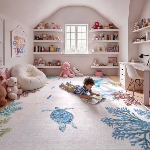 Washable Area Rug for Living Room, 9'x12' Nautical Beach Non-Slip indoor Rug, Soft Low Pile & Stain Resistant Carpet for Bedroom, Dining Room, Home office