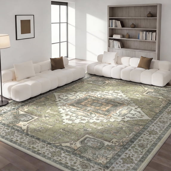Washable Area Rug for Living Room, 9'x12' Vintage Boho Non-Slip indoor Rug, Soft Low Pile & Stain Resistant Carpet for Bedroom, Dining Room, Home office