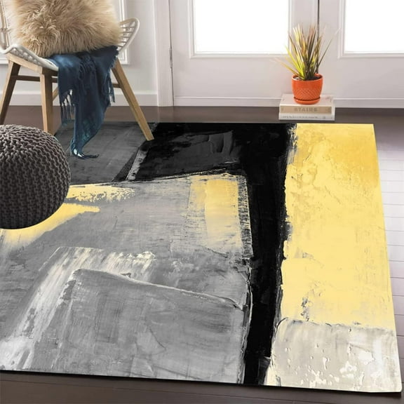 Washable Area Rug For Living Room Bedroom Dining Room Grey Yellow Modern Abstract Carpet Home Office Playroom Art Deco Retro Floor Rug Kitchen Runner Rug 1x2ft