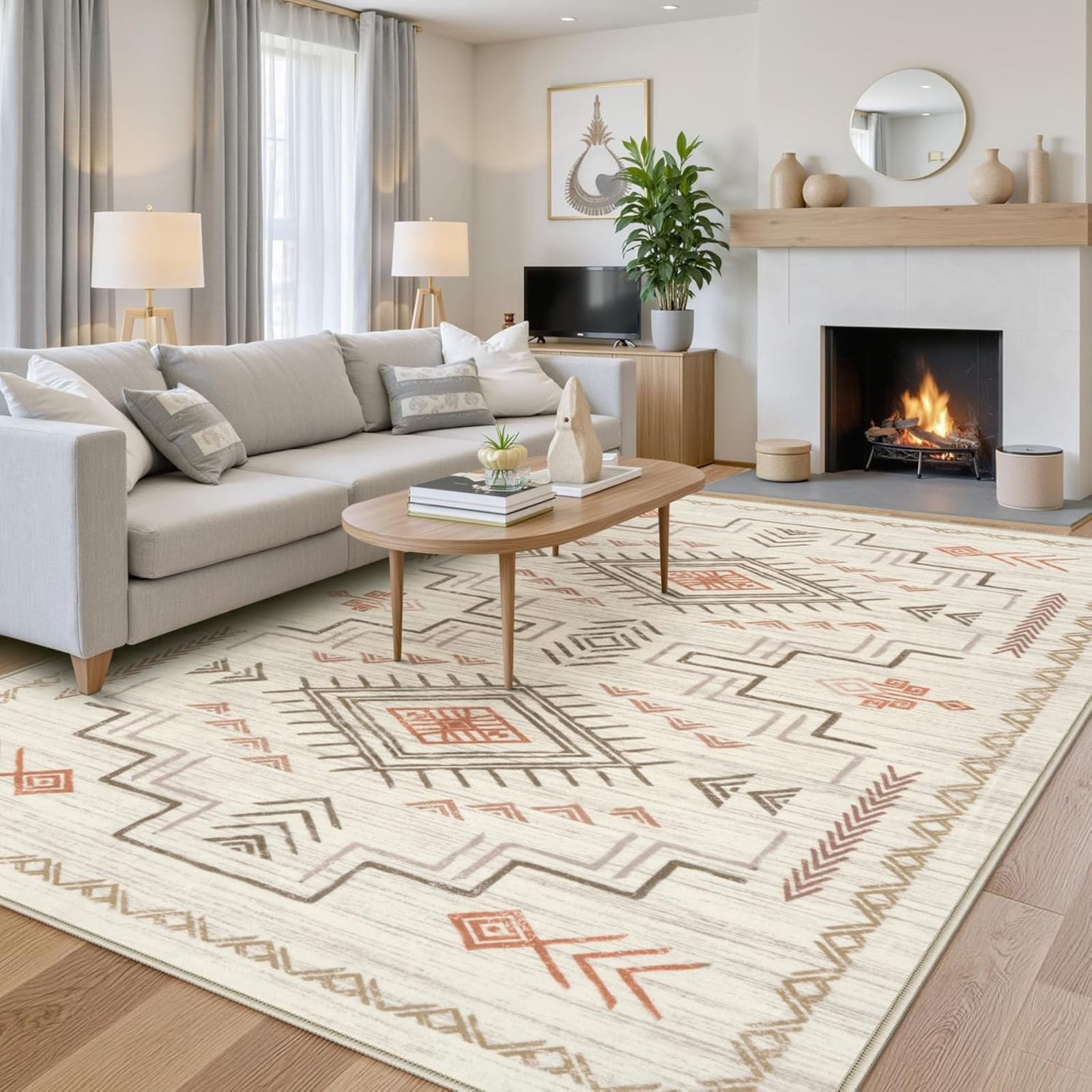 Washable Area Rug For Living Room, Beige Aztec Moroccan Area Rug ...