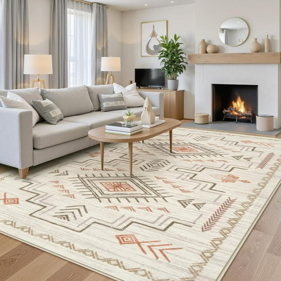 Washable Area Rug For Living Room, Beige Aztec Moroccan Area Rug, Neutral Geometric Tribal Rug For Bedroom, Soft Non-Shedding Large Carpet Under Dining Table Home Office 4x5ft