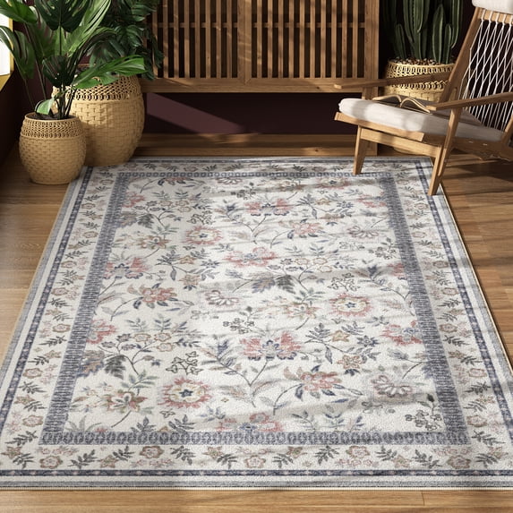 Washable Area Rug for Living Room, Curtilage 4'x6' Boho Blue Floral Print Indoor Rug, Soft Low Pile&Stain Resistant Carpet for Bedroom Nursery Kitchen