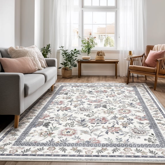 Washable Area Rug for Living Room, Curtilage 6'x9' Boho Blue Floral Print Indoor Rug, Low Pile & Stain Resistant Carpet for Bedroom Office Dining Room