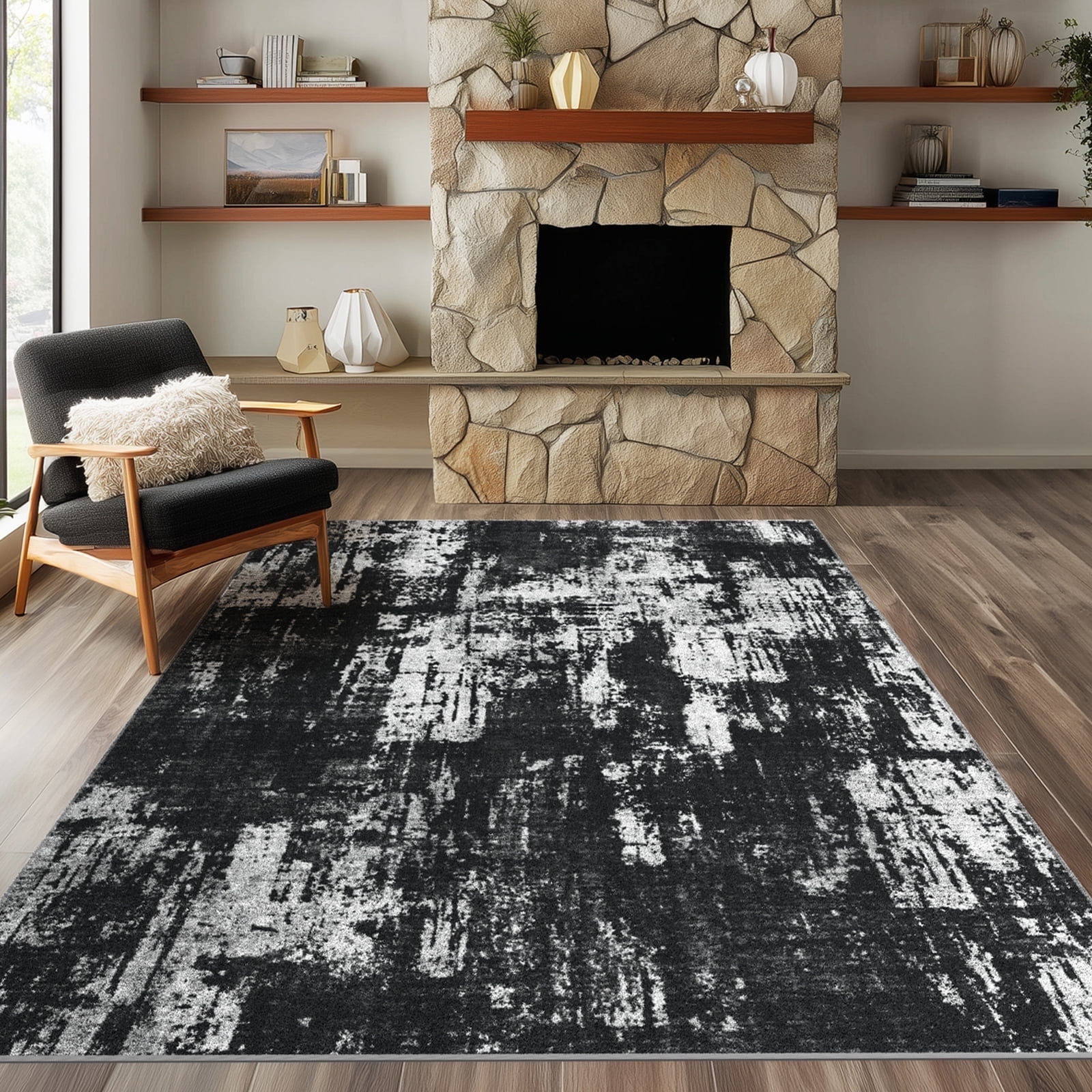 Area Rugs for Living Room, Homasen 4'x6' Washable Indoor Rug Neutral Ink Black, Soft Low Pile Stain Resistant Carpet for Entryway, Nursery, Bedroom