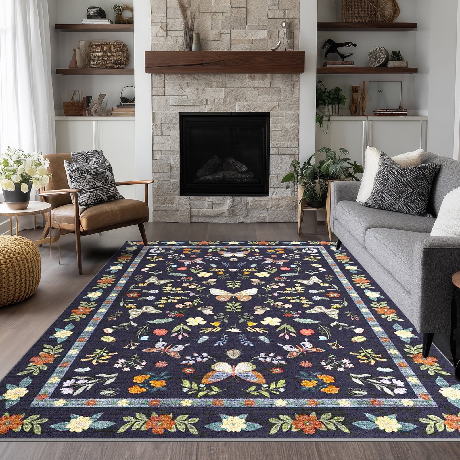 Area Rugs for Living Room, Homasen 5'x7' Washable Indoor Rug Boho Butterfly Black, Soft Low Pile Stain Resistant Carpet for Bedroom, Nursery, Office