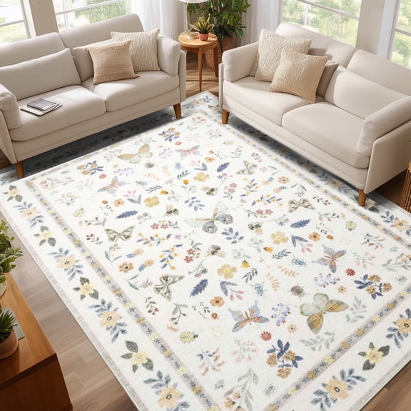 Area Rugs for Living Room, Homasen 6'x9' Washable Non-slip Indoor Rug Boho Butterfly Beige, Soft Low Pile Stain Resistant Carpet for Bedroom, Office