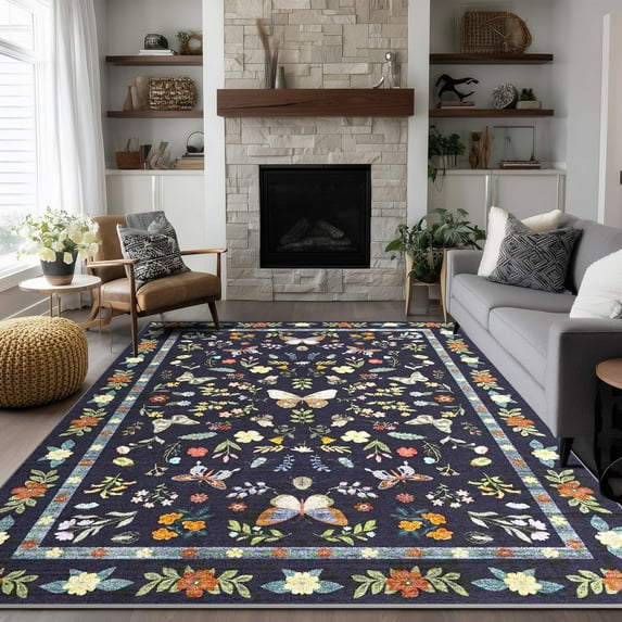 Area Rugs for Living Room, Homasen 6'x9' Washable Non-slip Indoor Rug Boho Butterfly Black, Soft Low Pile Stain Resistant Carpet for Bedroom, Office