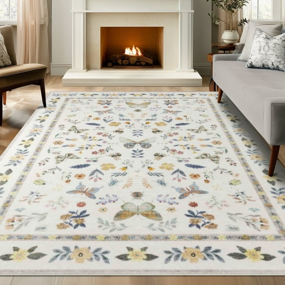 Area Rugs for Living Room, Homasen 8'x10' Washable Indoor Rug Boho Butterfly Beige, Soft Low Pile Stain Resistant Carpet for Bedroom, Dinning Room