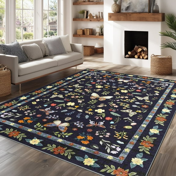Area Rugs for Living Room, Homasen 8'x10' Washable Indoor Rug Boho Butterfly Black, Soft Low Pile Stain Resistant Carpet for Bedroom, Dinning Room