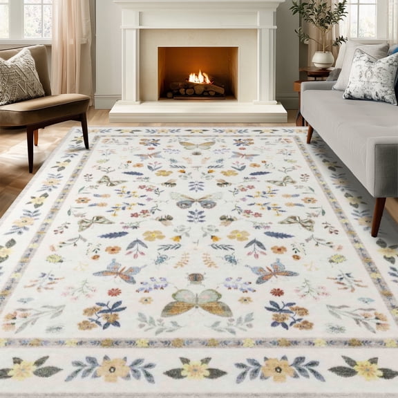 Area Rugs for Living Room, Homasen 9'x12' Washable Indoor Rug Boho Butterfly Beige, Soft Low Pile Stain Resistant Carpet for Bedroom, Dinning Room