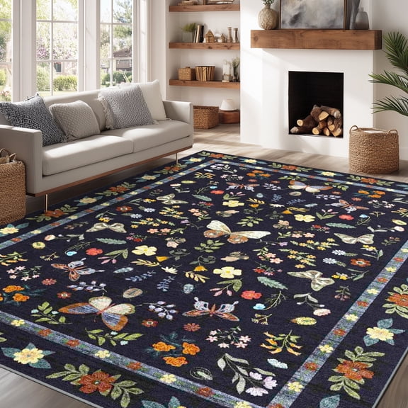 Area Rugs for Living Room, Homasen 9'x12' Washable Indoor Rug Boho Butterfly Black, Soft Low Pile Stain Resistant Carpet for Bedroom, Dinning Room