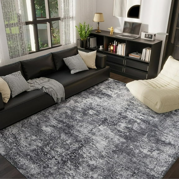 Washable Area Rug For Living Room, Non-Slip Soft Modern Abstract Carpet, Low Pile Neutral Rugs For Bedroom, Dining Room, Home Office, Dorm, Indoor Decor, Black And Grey 3x4ft