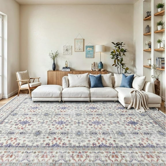 Area Rug, 9'x12' Bohemia Vintage Eclectic Floral Pastel Area Rugs, Non Slip Rug Low Pile for Bedroom, Living Room, Dining Room, Office