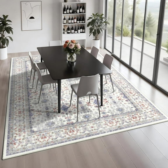 Area Rug 5’ x 7’, Bohemia Vintage Eclectic Floral Pastel Area Rugs, Non Slip Rug Low Pile for Bedroom, Living Room, Dining Room, Office