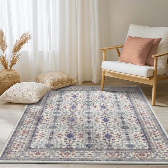 Area Rug 4’ x 6’, Bohemia Vintage Eclectic Floral Pastel Area Rugs, Non Slip Rug Low Pile for Bedroom, Living Room, Dining Room, Office