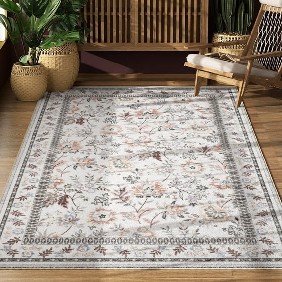 Washable Area Rug for Living Room, NovDeco 4'x6' Boho Khaki Floral Print Indoor Rug, Soft Low Pile&Stain Resistant Carpet for Bedroom Nursery Kitchen