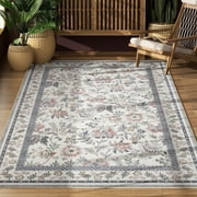Washable Area Rug for Living Room, NovDeco 4'x6' Boho Blue Floral Print Indoor Rug, Soft Low Pile&Stain Resistant Carpet for Bedroom Nursery Kitchen
