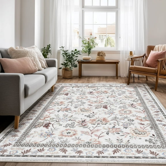 Washable Area Rug for Living Room, NovDeco 6'x9' Boho Khaki Floral Print Indoor Rug, Low Pile & Stain Resistant Carpet for Bedroom Office Dining Room