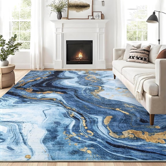 Washable Area Rug Marble Patterned Abstract Carpet Low-Pile Non Slip Rugs Modern Carpet for Dining Room Guest Room Office