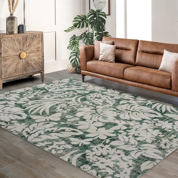 Washable Area Rug Modern Botanical Floral Print – Non-Slip Backing, Soft Low Pile Indoor Carpet for Living Room Bedroom Kitchen – Foldable Accent Mat