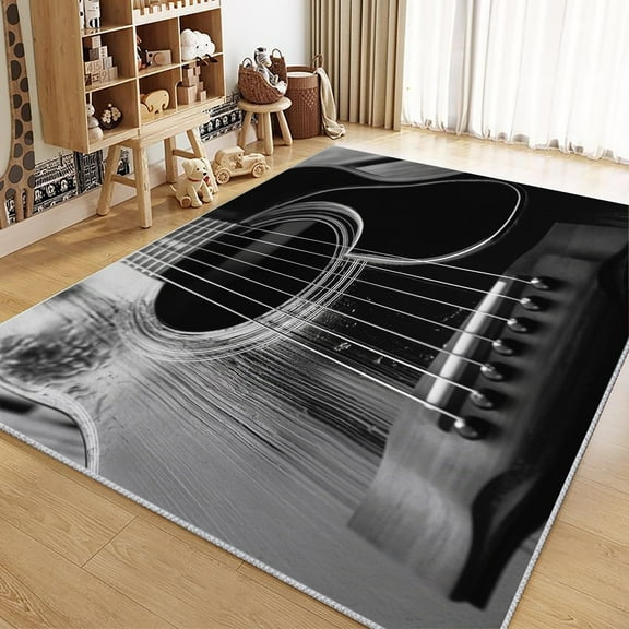 Washable Area Rug, Musical Instrument Guitar Print Accent Floor Carpet For Dining Room Office Home, Black Soft Low-Pile Non-Slip Rugs For Living Bedroom Rug