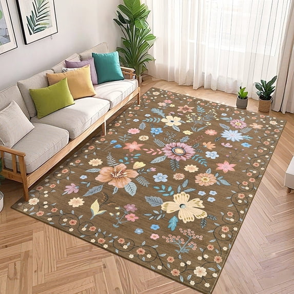 Washable Area Rug Non Slip, 9' x 12' Ultra Soft Low Pile Boho Floral Carpet for Living Room Bedroom, Polyester with TPR Backing