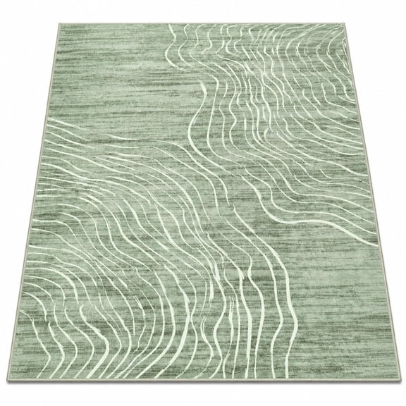 Washable Area Rug, Non-Slip Abstract Wave Striped, 6x9, Sage Green, Faux Wool, for Bedroom Living Room