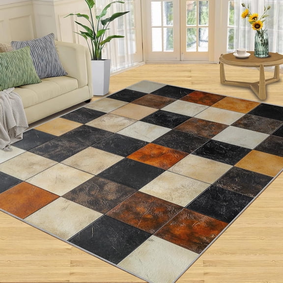 Washable Area Rug with Non Slip Backing, Low Pile Lightweight Checkerboard Print Pattern Rug for Living Room, Bedroom, Dining Room, Home Decor Autumn Rust-2' x 3'