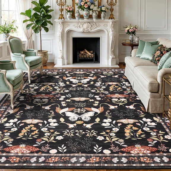 Washable Area Rug – Non-Slip Low Pile Rug with Butterfly Floral, Stain Resistant Carpet for Living Room, Bedroom, Dining Room – Machine Washable, Pet Friendly