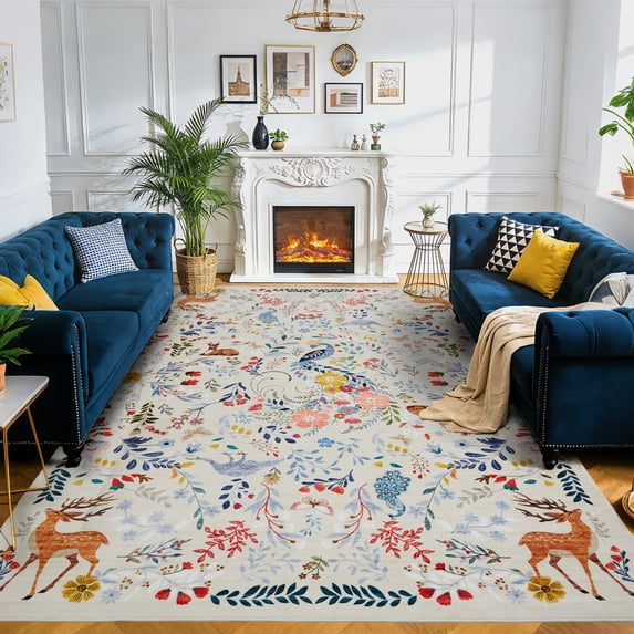 Washable Area Rug, Non-Slip Low Pile Stain Resistance Rug with Peacock and Deer, Animal Carpet for Living Room, Bedroom, Dining Room