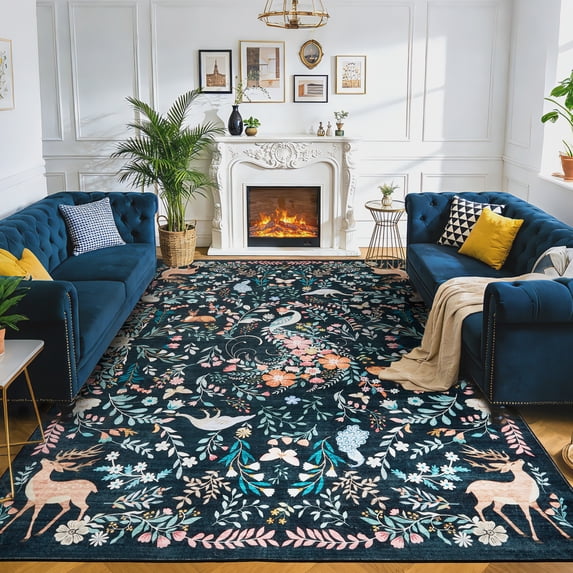 Washable Area Rug, Non-Slip Low Pile Stain Resistance Rug with Peacock and Deer, Animal Carpet for Living Room, Bedroom, Dining Room