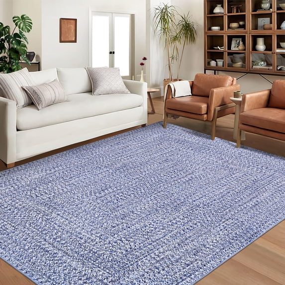 Washable Area Rug Print Braided Area Rug for Living Room Bedroom Farmhouse Solid Printed Weaving Accent Rug Non-Slip Stain Resistant Floor Cover Throw Carpet for Home Decor, Blue, 3' x 5'