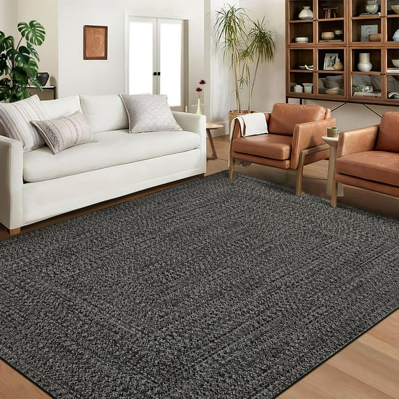 Washable Area Rug Print Braided Area Rug for Living Room Solid Printed Weaving Accent Rug Non-Slip Stain Resistant Floor Cover Throw Carpet for Home Decor, Grey/Brown, 4' x 6'