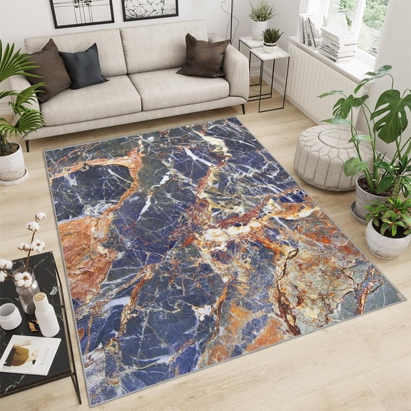 Washable Area Rug Rectangular Rugs Stain Resistant Shabby Chic Abstract Marble Texture Blue Gold Rugs For Living Room, Non-Slip Foldable Carpet For Bedroom, Dining Room, Indoor 1x2ft