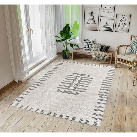 Washable Area Rug Semi Handmade-Machinemade Easy Clean Pet and Child Friendly Non- Slip Casual Desing for Living Room, Game Room, Kitchen,Hallway Beige-Gray