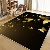 Washable Area Rug, Simple Golden Butterfly Print Accent Floor Carpet For Dining Room Office Home, Black Soft Low-Pile Non-Slip Rugs For Living Bedroom Rug