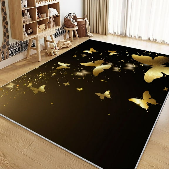 Washable Area Rug, Simple Golden Butterfly Print Accent Floor Carpet For Dining Room Office Home, Black Soft Low-Pile Non-Slip Rugs For Living Bedroom Rug